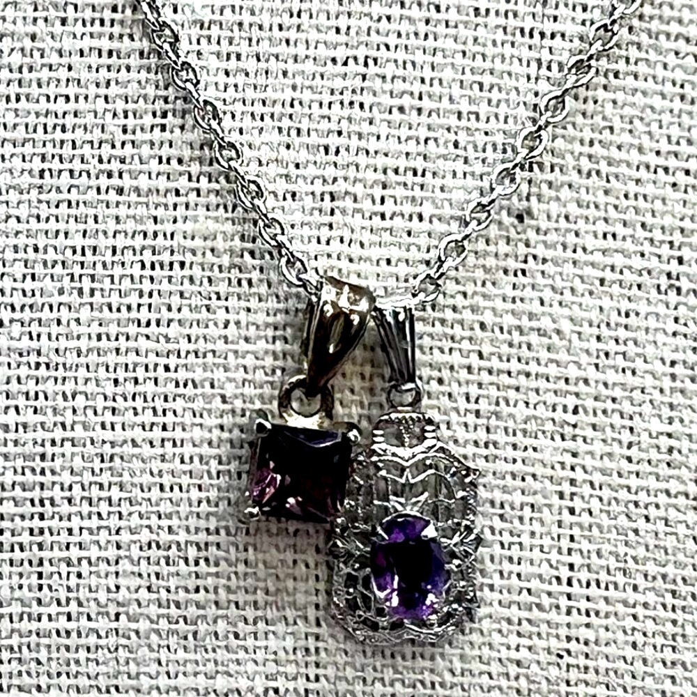 Sterling Silver & Amethyst Necklace With Double Pendants.  B26